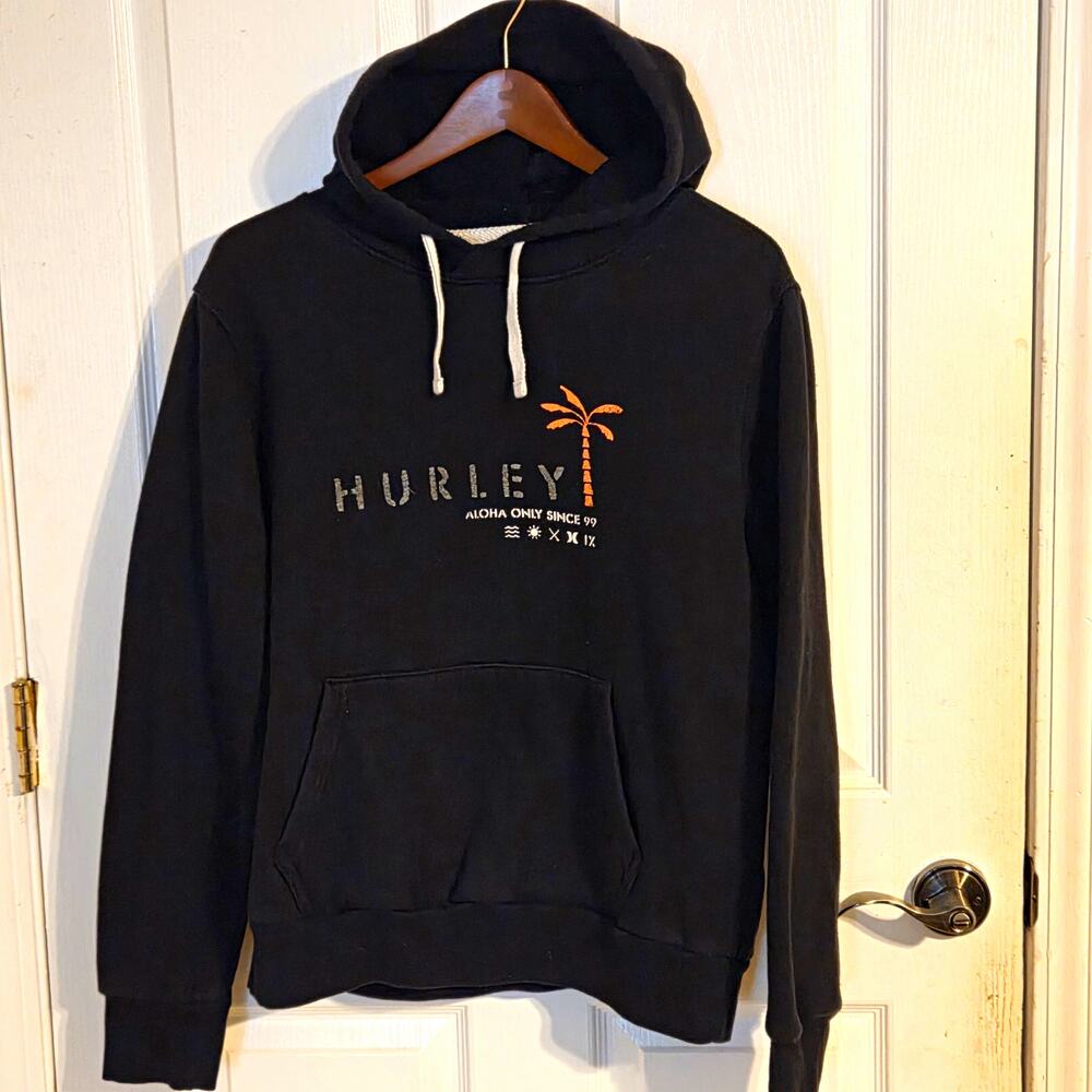 Hurley Men's Pullover Hoodie Black Orange Graphic Palm Tree Surf Aloha Size S